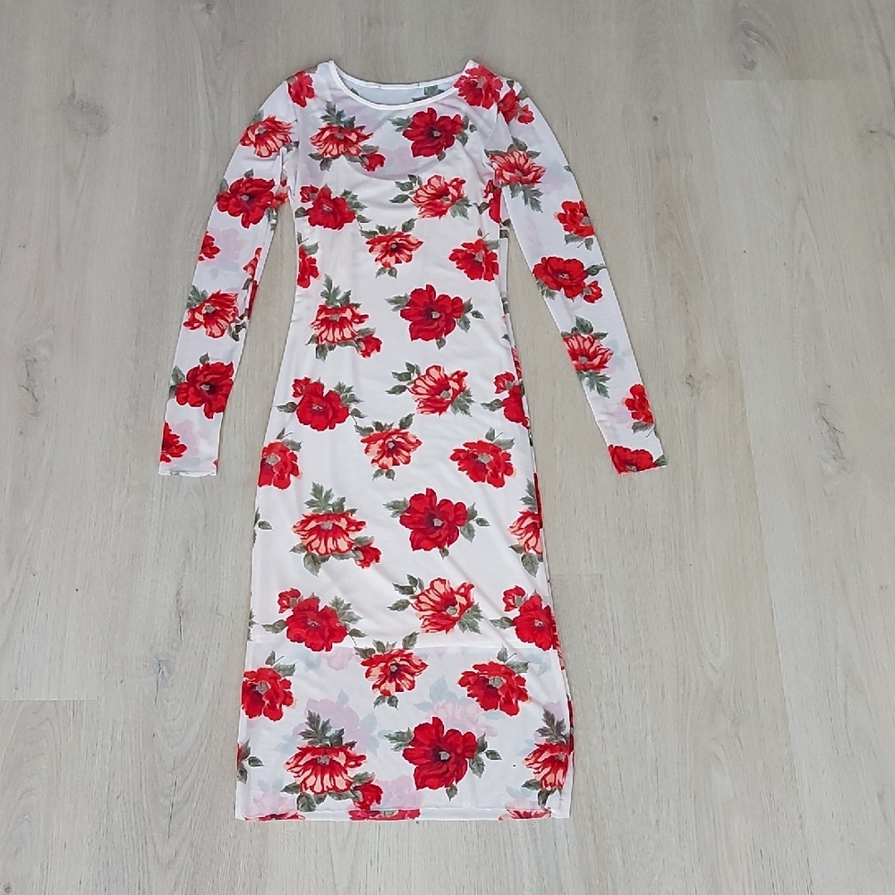 Poppy Red Floral Sheer Dress